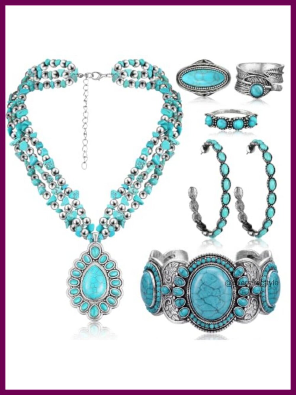 Western Turquoise Jewelry Set for Women with Faux Leather Bracelet, Necklace,